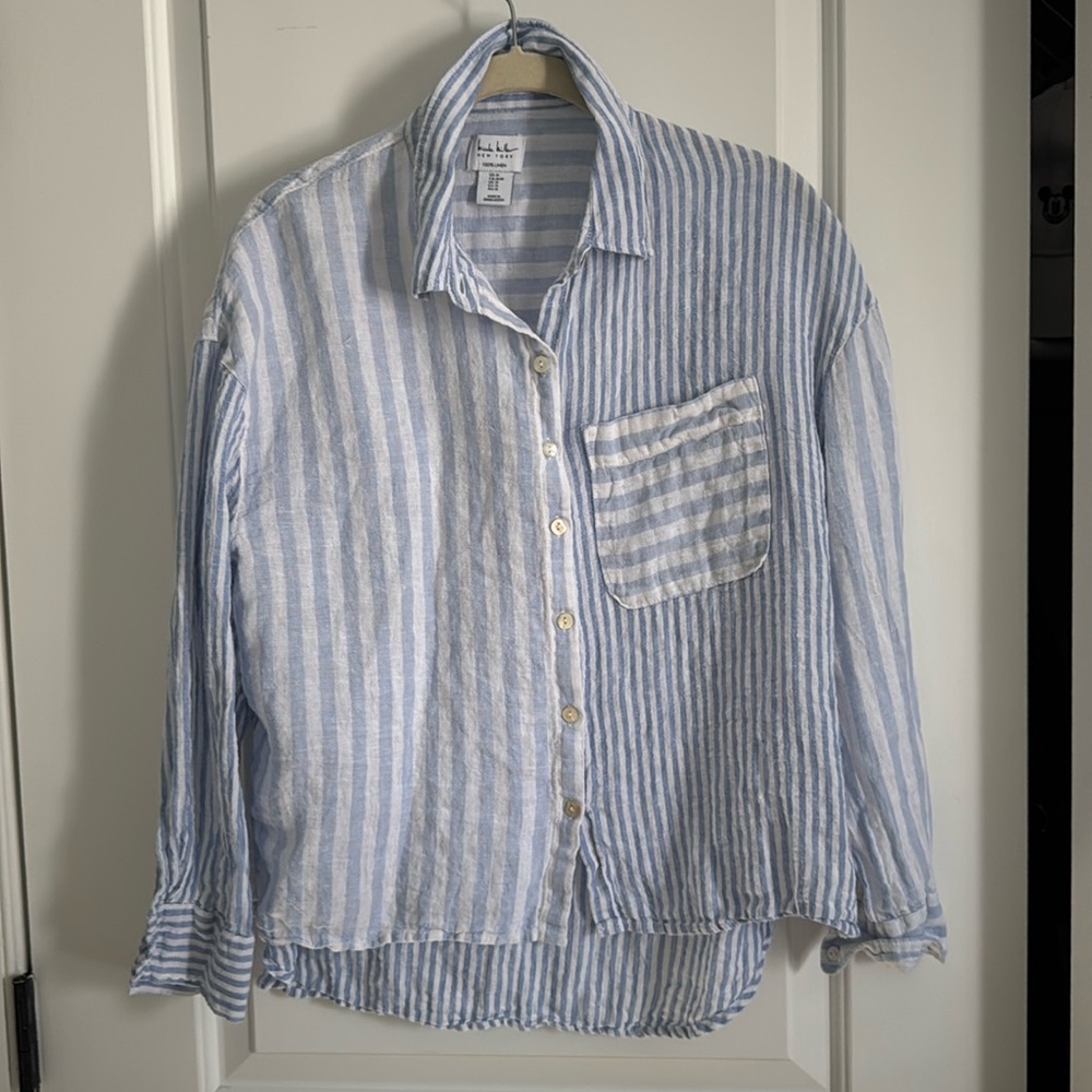 Nicole Miller Linen Boxy Button Up Shirt Size M Blue White Stripe Long Sleeve